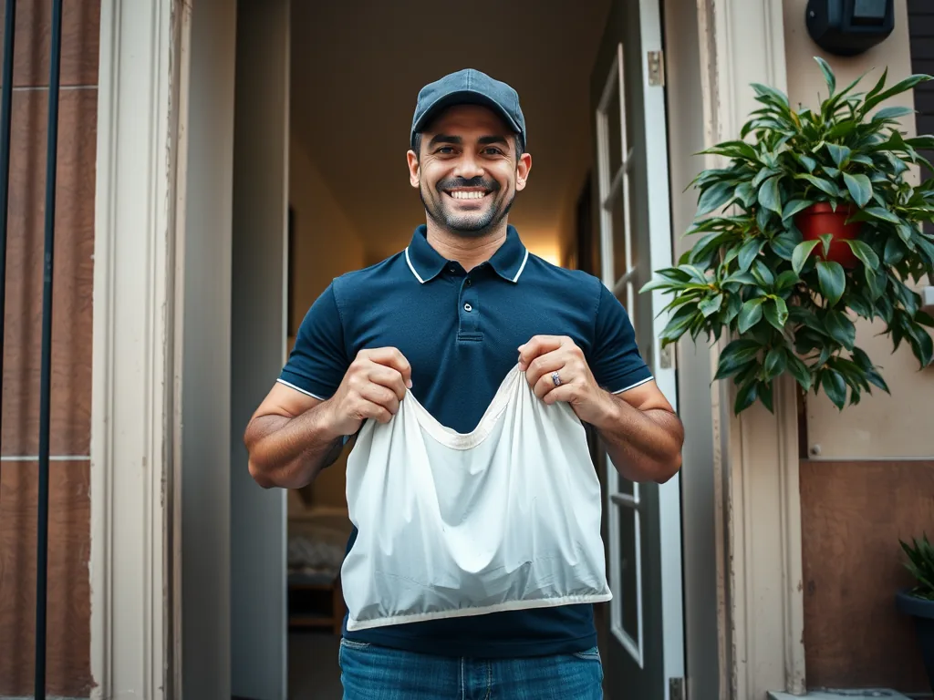 Entrega de ropa limpia en la puerta de la casa